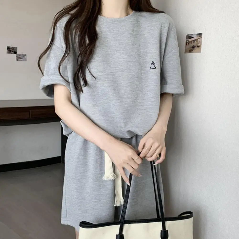 여성용 반팔 티셔츠 세트, O-넥 반팔, 신축성 허리 밴드, 드로스트링 포켓, 와이드 레그 반바지 세트, 단색, 2 개/세트