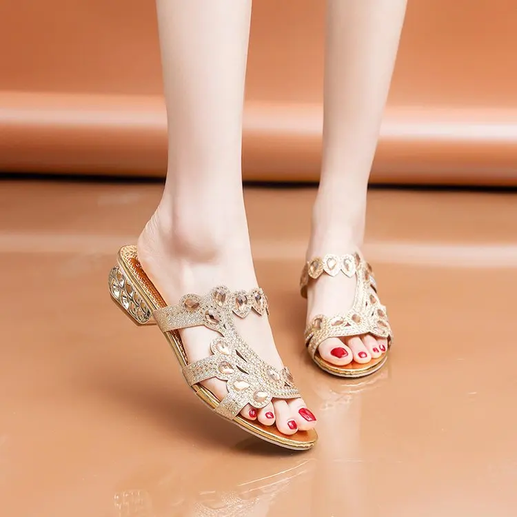 Women Sandals Summer Rhinestone Slippers Ladies Chunky Heels Hollow Casual Slippers Beach Shoes