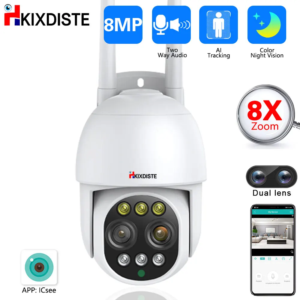 

4K PTZ IP Camera 8MP 8X Zoom Two-Way Audio Dual-Lens Human Detect Camera Outdoor CCTV Wifi Video Surveillance Camera ICsee 4MP