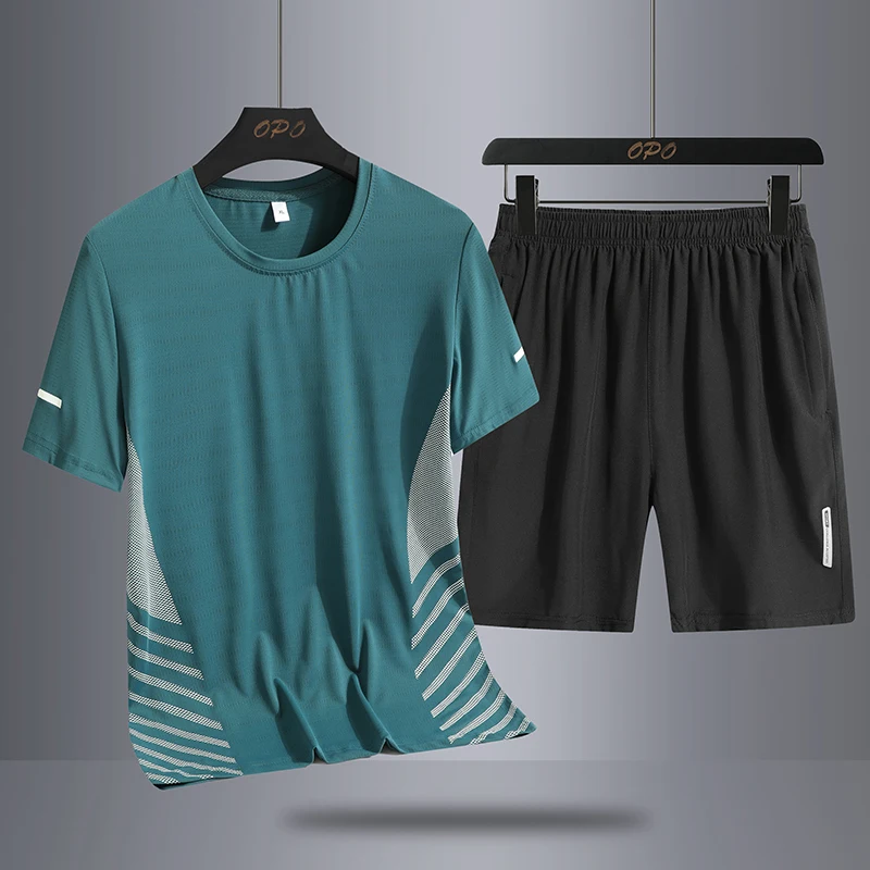 

Summer Sports Suit Set for Men's Casual Quick Drying Ice Silk T-shirt+Sports Shorts Set for Gym Running Suit Men's 2-piece Set