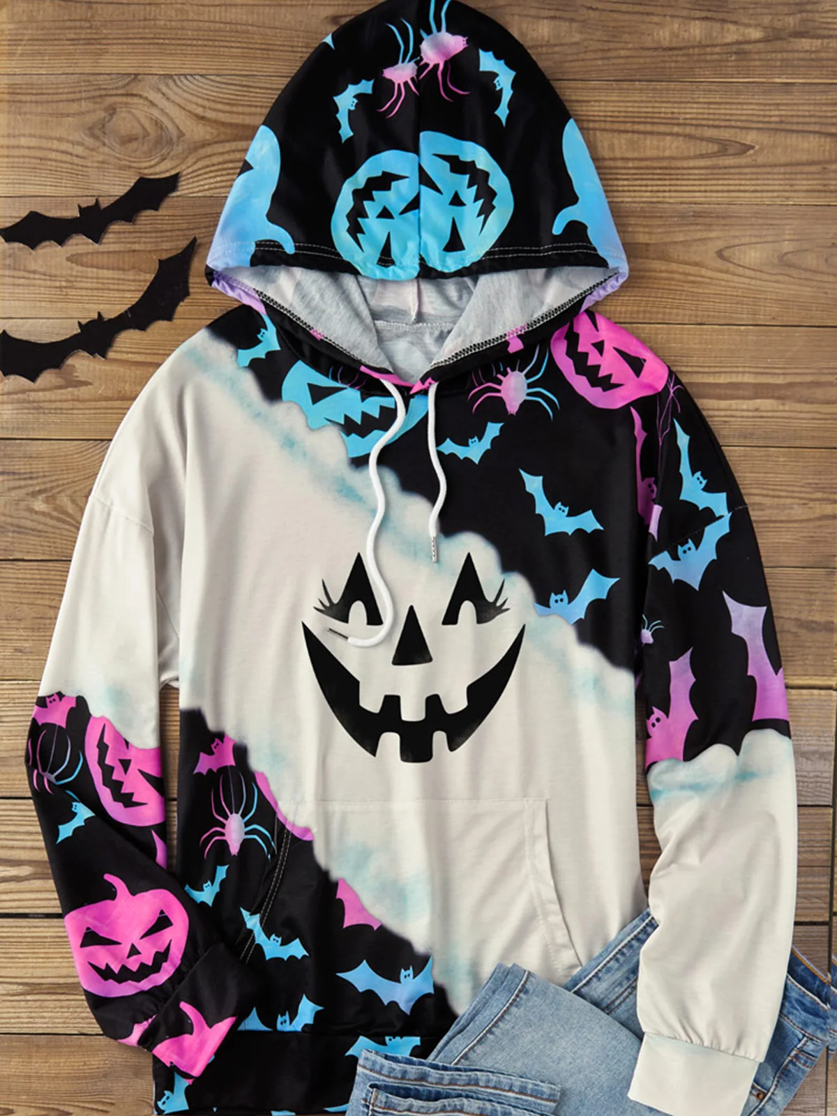 

Halloween Gradient Pumpkin Face Bat Spider Kangaroo Pocket Hoodie Women Fashion Graphics Print Clothes Long Sleeve Sweatshirt