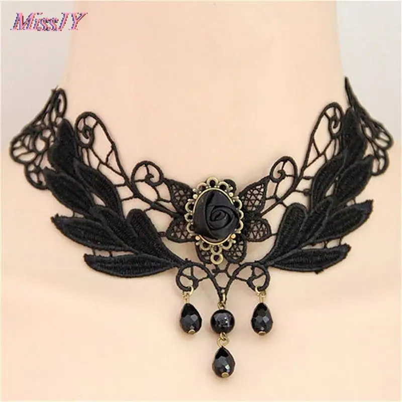 Chocker Jewelry Gem Decoration Women Gothic Punk Style Black Lace Beads Choker Collar Necklace