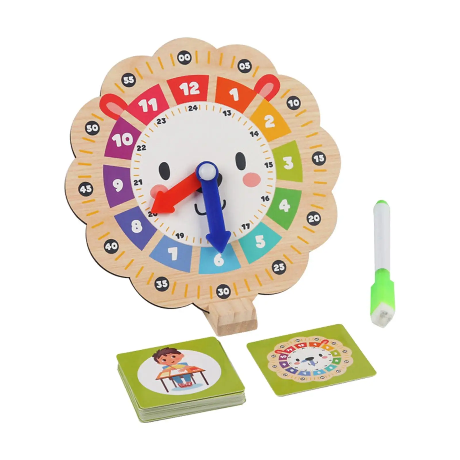 Clock Learning with 20 Cards Wooden Montessori Toy Teaching Clock for Playroom Homeschool Supplies Gifts Boys Girls 3 Year Old