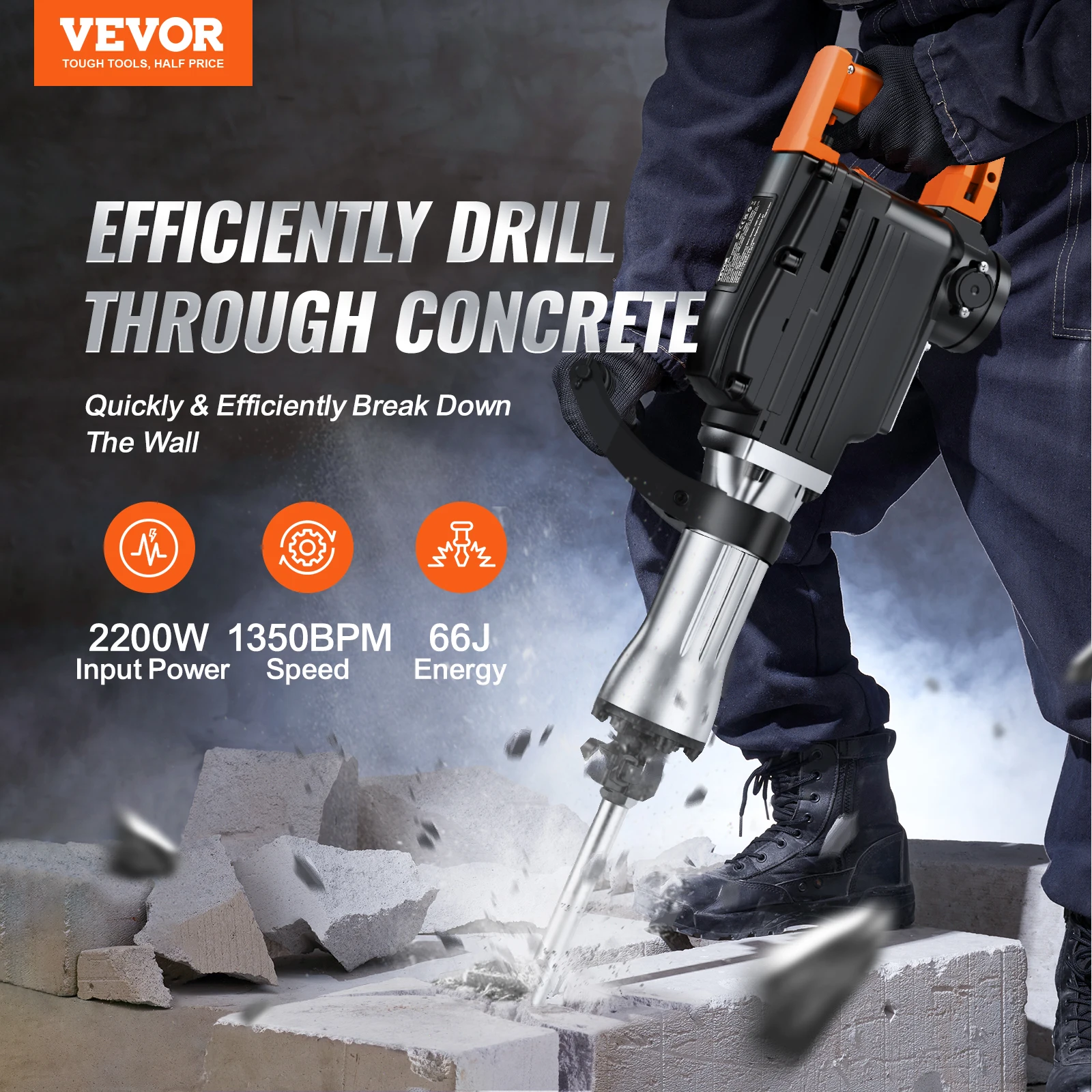 VEVOR Demolition Jack Hammer 2200W Jack Hammer Concrete Breaker 1350 BPM Heavy Duty Electric Jack Hamme 4/2pcs Chisels Bit 2