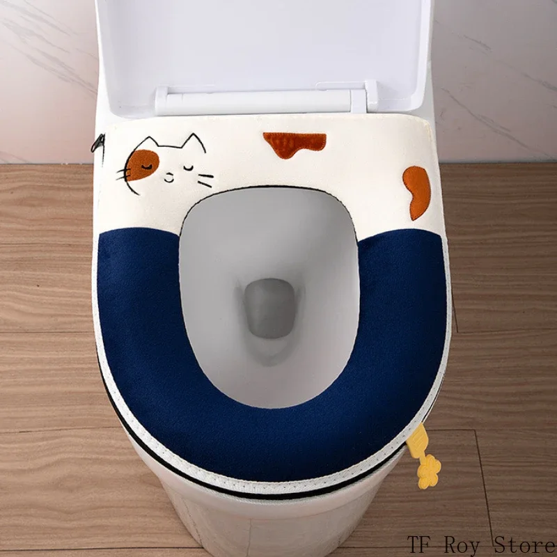 Soft Cartoon Cat Embroidery Toilet Seat Cover with Zipper Warmer Washable Toilet Mat Cover Pad Cushion Bathroom Accessories