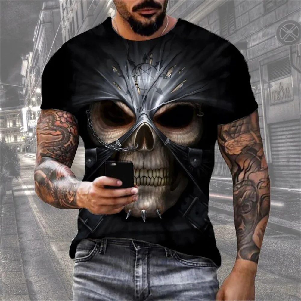 Mens 3D Skull T-Shirt - Black Gothic Short Sleeve Halloween Top
