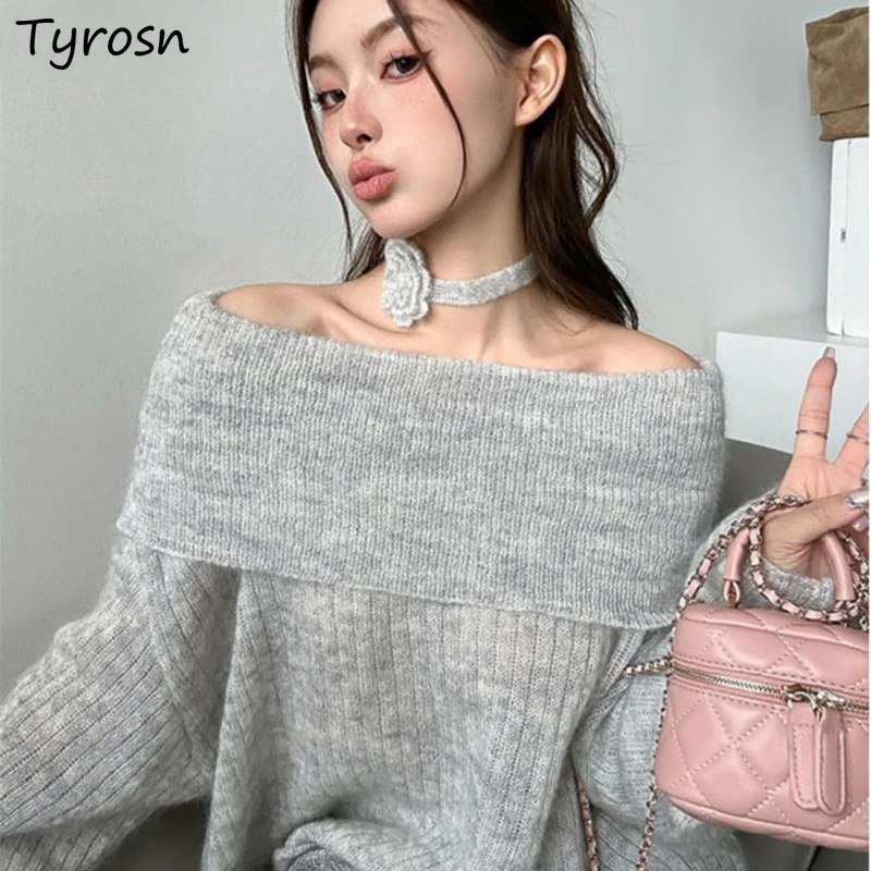 

Пуловер с воротником-лодочкой, Женский однотонный чокер с цветочным принтом и открытыми плечами, модные женские осенние вязаные топы, уличная одежда, универсальный дизайнерский