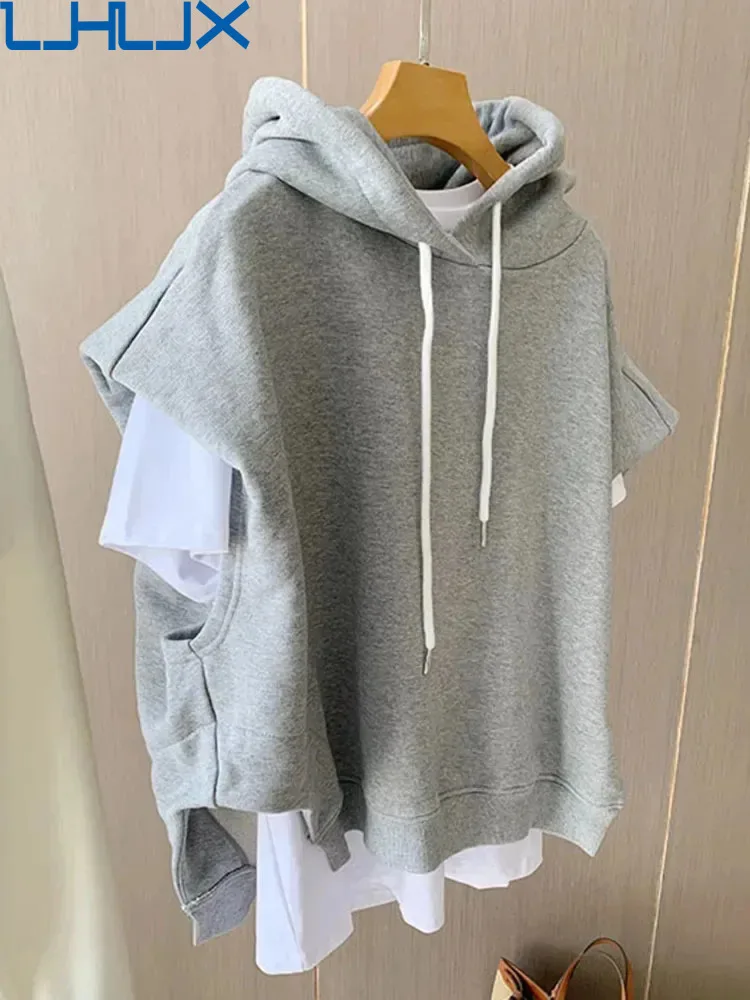 

LJHLJXStreet Clothing Hooded Drawstring Design Sleeveless Pull-up Sports Shirt Casual Loose Thick Warm Women Top Spring 2024