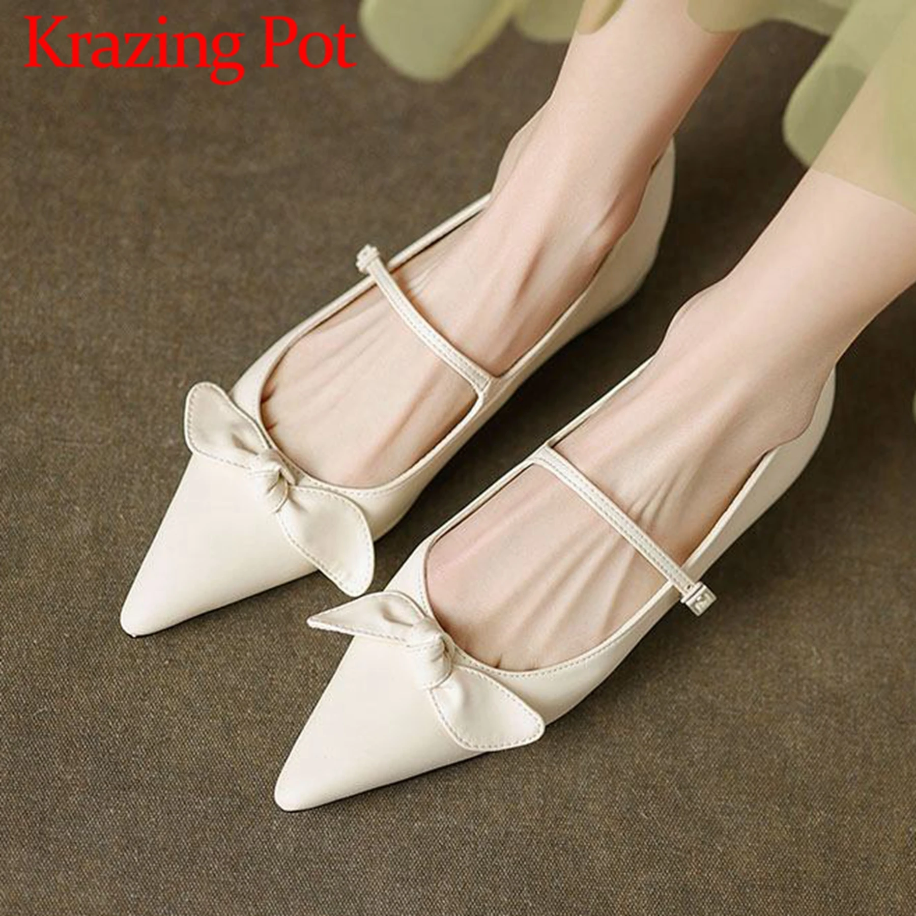 

Krazing Pot Sheep Leather Thick Low Heels Spring Princess Fairy Summer Pointed Toe Mary Janes Women Butterfly-knot Shallow Pumps