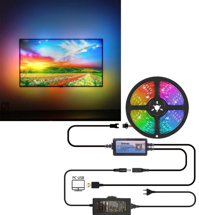 WS2812B DIY Ambient PC Dream Screen Addressable LED Strip Computer Monitor Backlight USB SP616E Bluetooth&Music Controller led lights for tv computer monitor backlight 1m 2m 3m 4m music dynamic dance strips lamp smd5050 rgb strip light