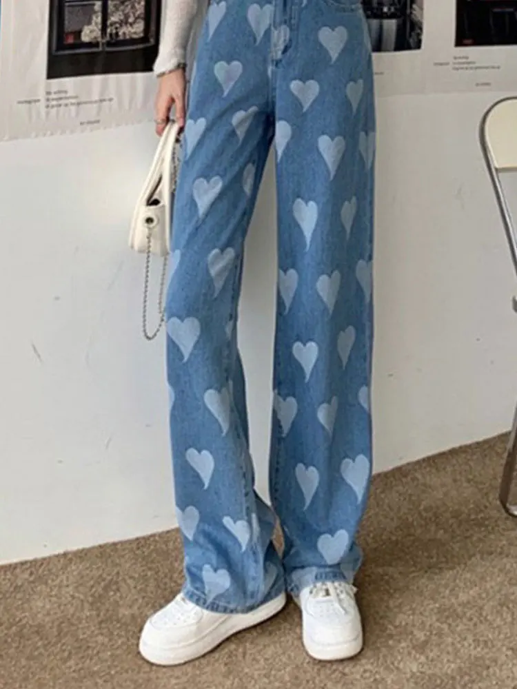 

Casual Love Jacquard Hip Hop Women Jeans Pants Patchwork High Waist Wide Leg Denim Trouser 2023 Autumn New Lady Streetwear Pant