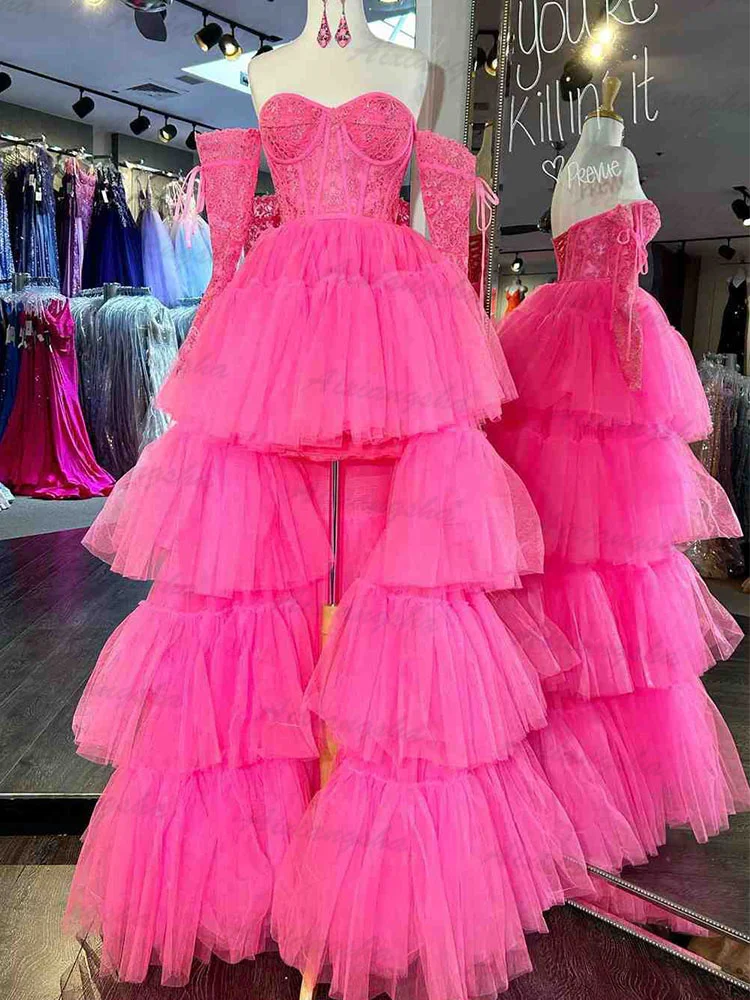 Aixiangsha Hot Pink Off-Shoulder A-line Tulle Layers Applique High