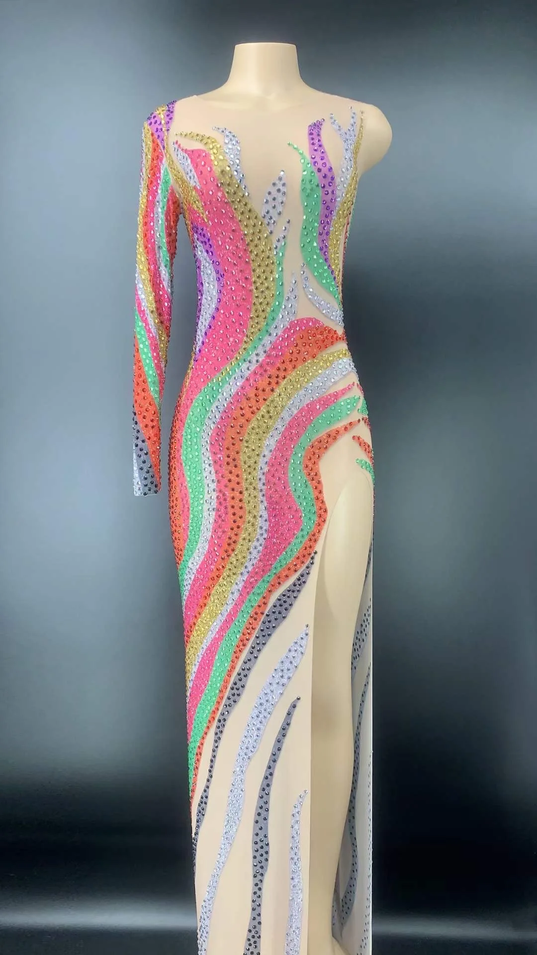 

Shining Colorful Rhinestones Sexy One Sleeve Long Split Dress For Women Evening Party Clothing Stage Singer Costumes Prom Wears
