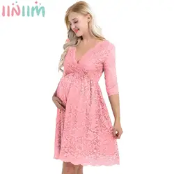 Womens Maternity Elegant Party Dress Floral Lace Overlay V Neck Half Sleeve Pregnant Photography Dresses for Wedding Evening