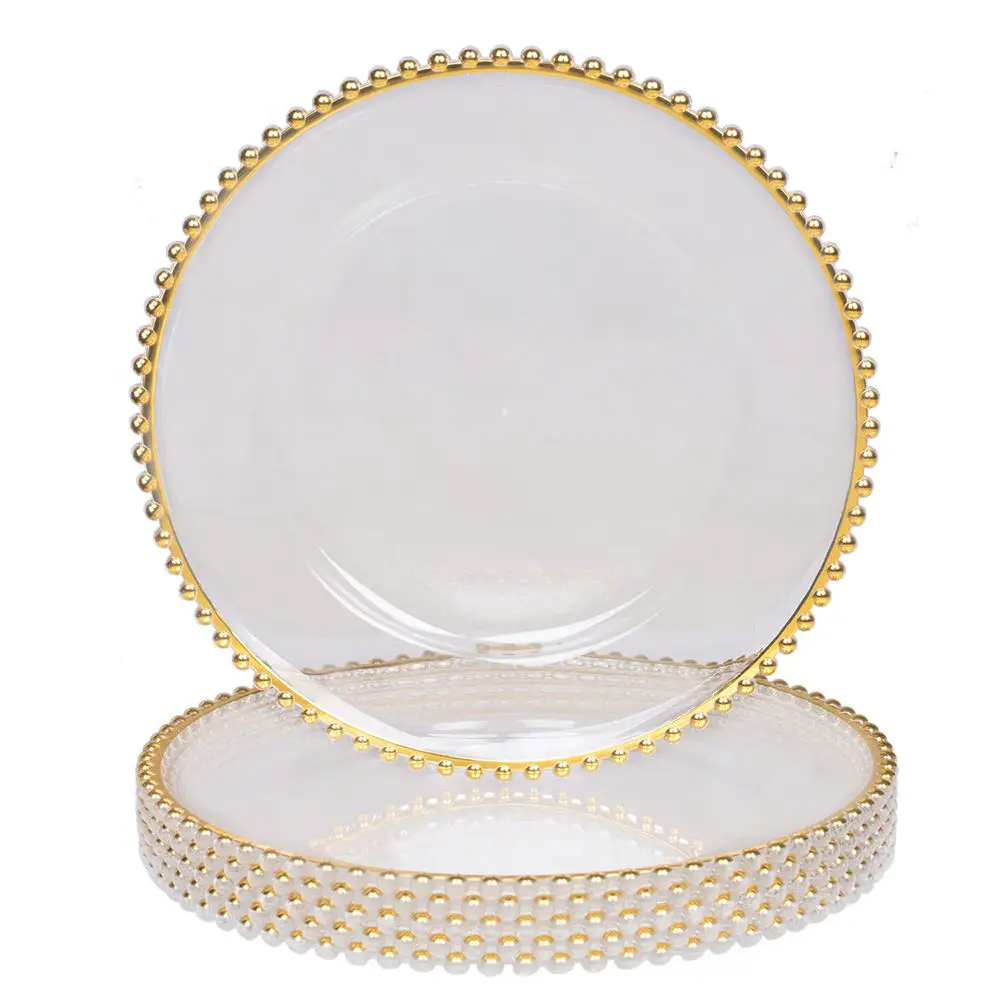 

Wholesale Cheap Reusable 13 Inch Gold Rim Beaded Transparent Wedding Decoration Plastic Charger Plates