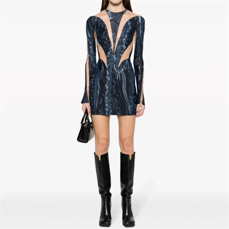 

Elegant and pretty women's dresses Mesh patchwork printed dress Round neck long sleeved mini skirt Sexy hip wrap skirt y2k tops