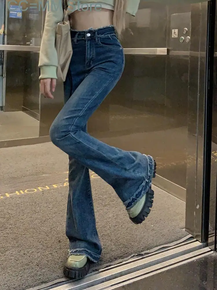 New Black Casual Jeans Women High Waist Chic Slim Flare Pants Female Streetwear Korean Fashion Denim Trousers Winter