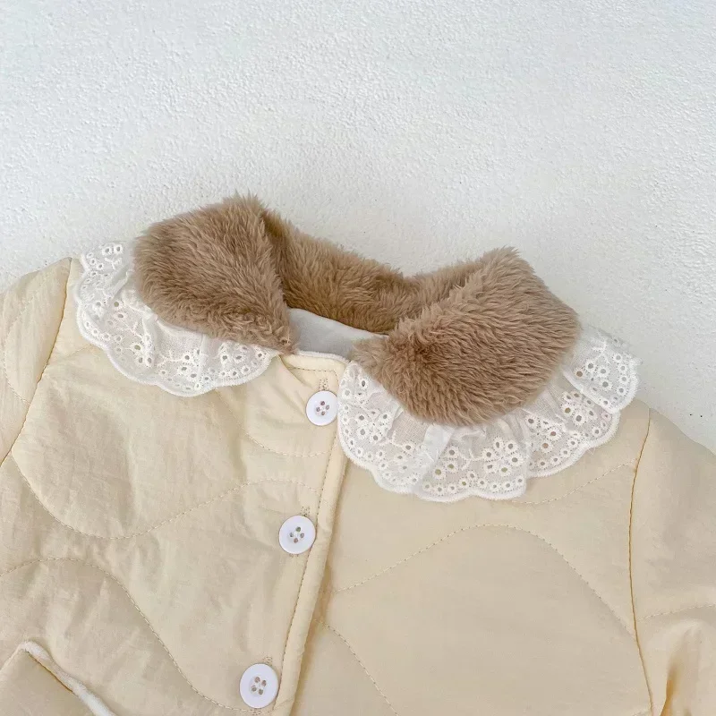 

2023 Winter Baby Girl Snow Wear 0-2Years Princess Newborn Long Sleeve Fur Collar Fleece Thicken Warm Down Caot Outerwear Clothes