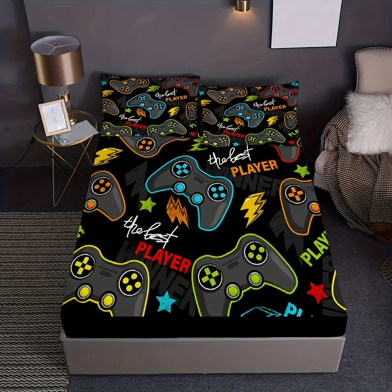 Games Print Fitted Sheet Set Soft Comfortable Breathable Bedding Set For Bedroom Guest Room (1* Fitted Sheet + 1/2*Pillowcases) 3