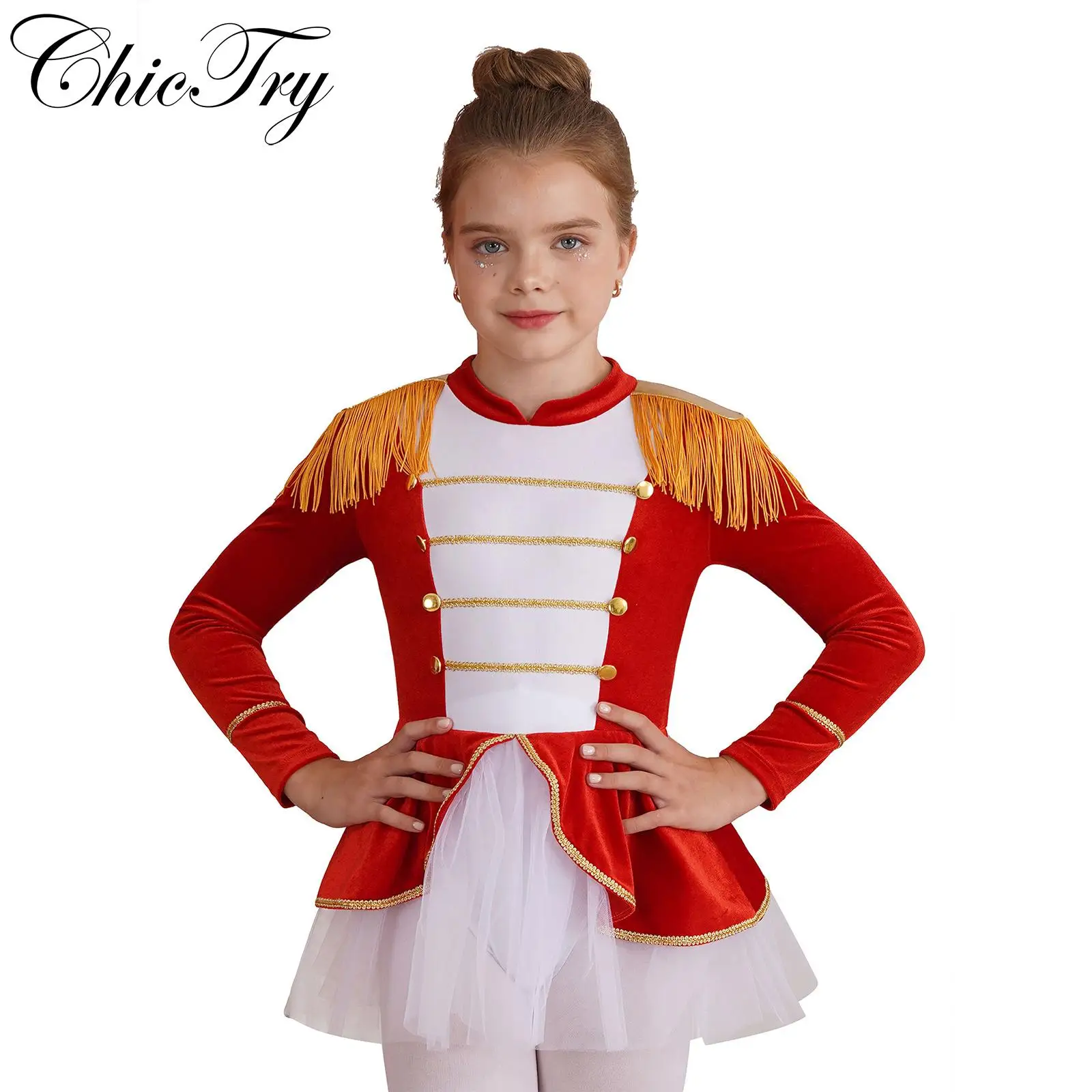 

Kids Girls Circus Ringmaster Costume Halloween Cosplay Party Tutu Dress Long Sleeves Tassel Epaulet Leotard Carnival Dress Up