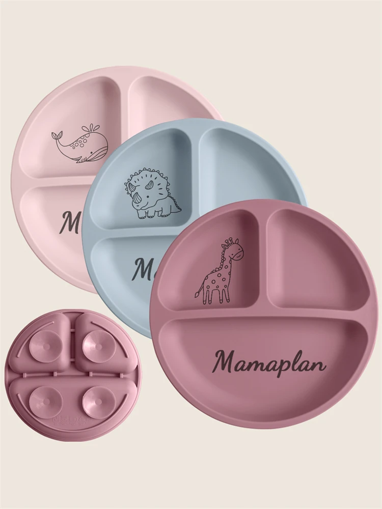Personalized Name Baby Silicone Tableware Kids Training Feeding Plate With Sucker BPA Free Solid Color Baby Food Storage Bowl 2