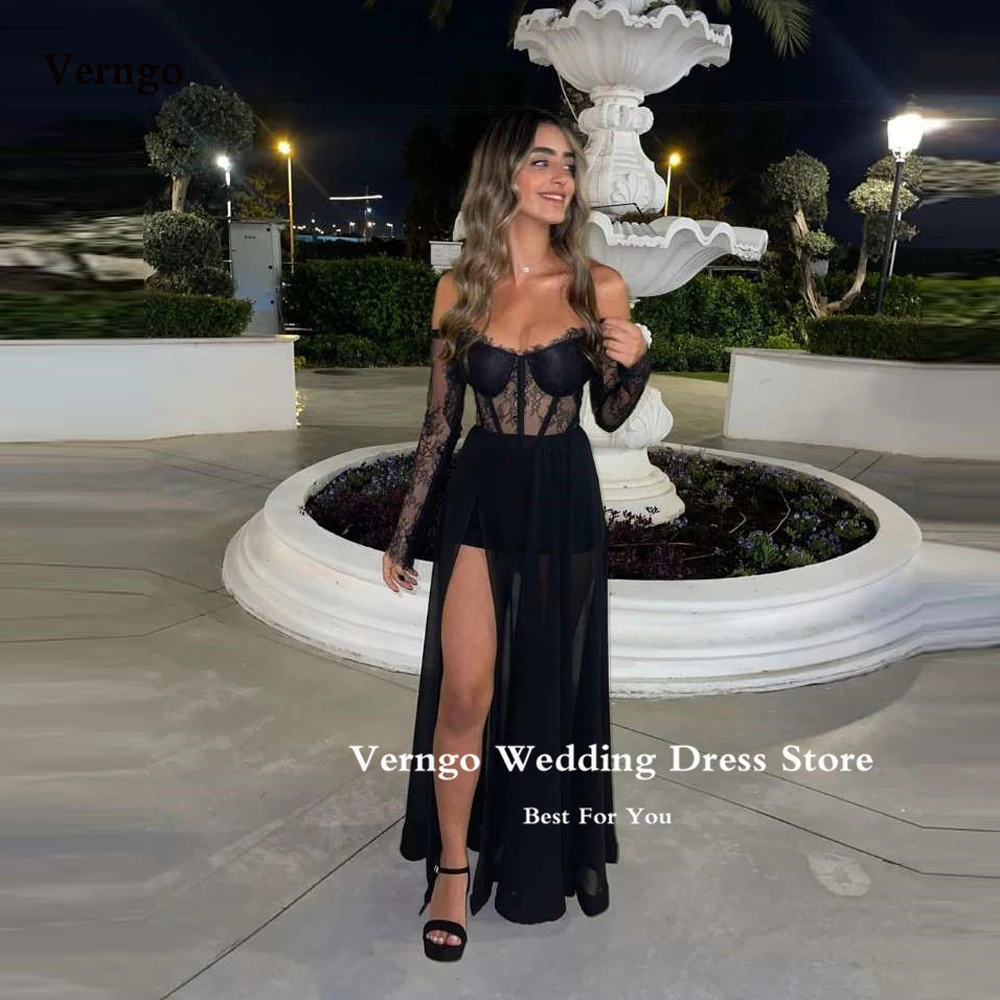

Verngo Sexy Black Prom Dresses Sweetheart Lace Chiffon Arabic Women Party Dress Arabic Women Evening Gowns Event Night Formal