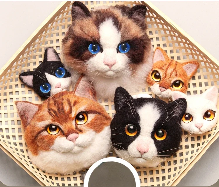 Wool Felt Poke Le Cat Head Photo Frame Cat Plush Doll Homemade Creative Gift Handmade DIY Making Material Knitted ToyFelting Kit