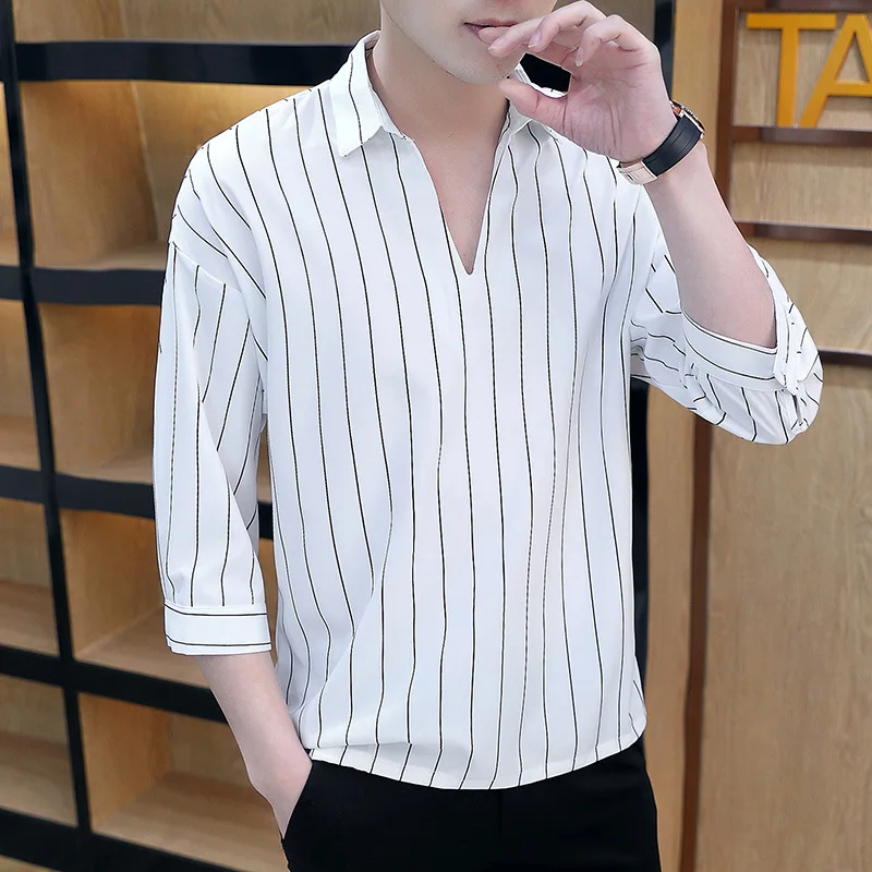 

Mens Shirt Casual Summer Striped Pullover New Youth New Students Shirts for Men Short Sleeve Clothing Black Turn-down Collar