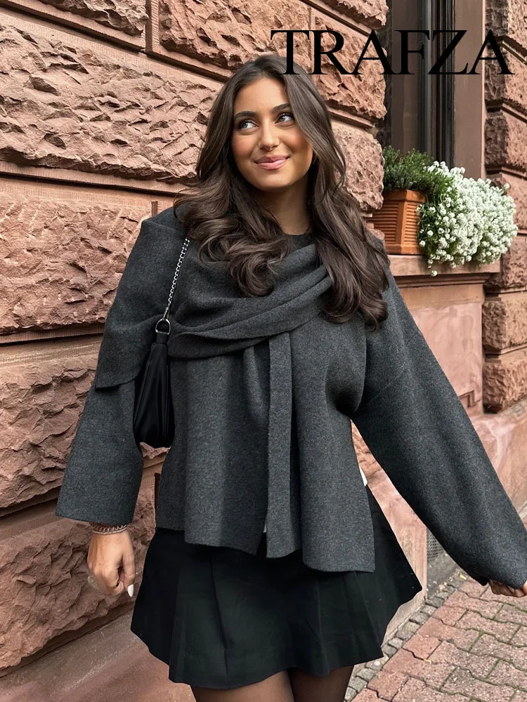 TRAFZA Winter Fashion Asymmetric Scarf Women's Short Knitted Coat Long Sleeve Single Button Loose Women's Elegant Cardigans 5