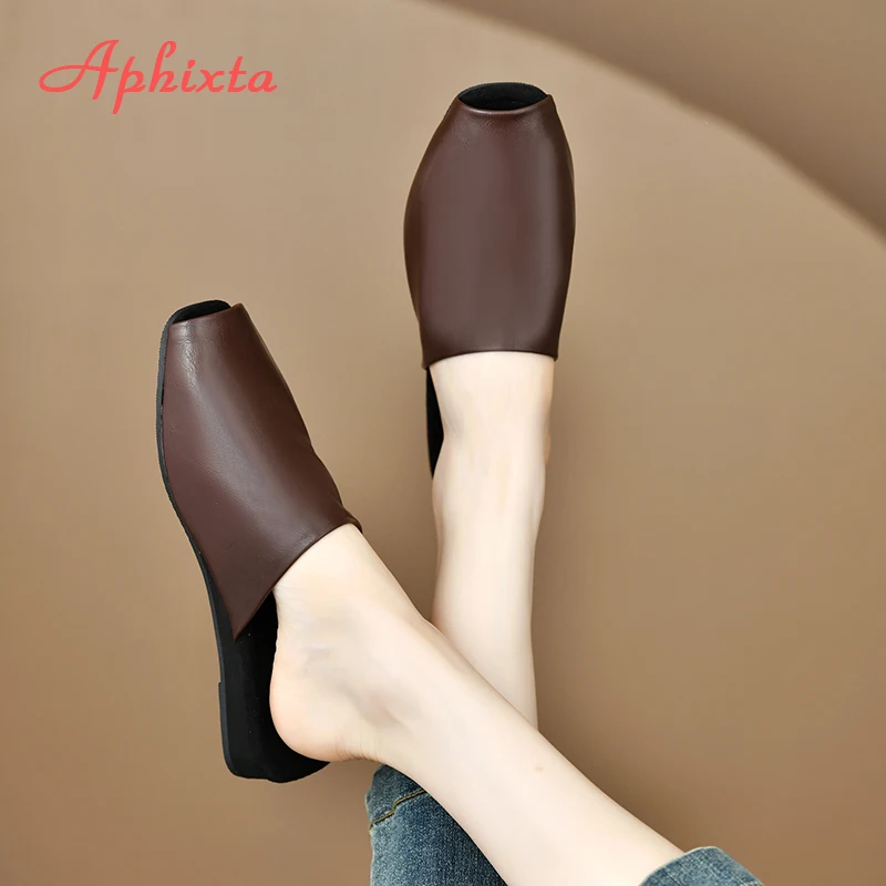 Aphixta Peep Toe Flat With Mules Sandals Black Concise Flip Flops Slip On Summer Outings Woman Shoes Big Size 42 Women's Mules