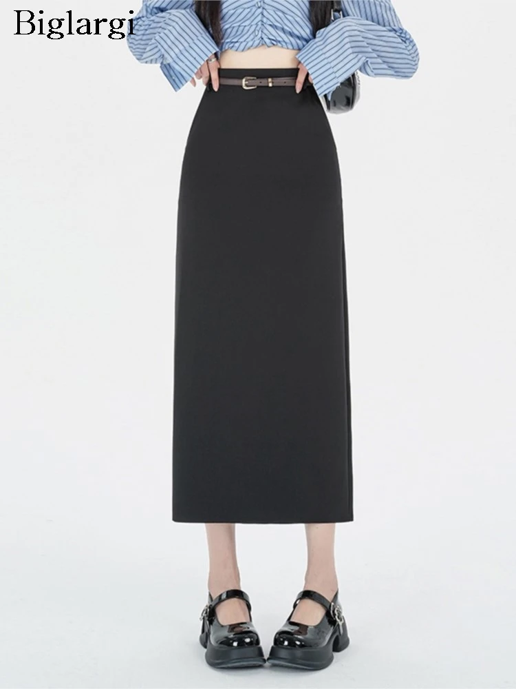 

High Waist Spring Midi Straight Skirts Women Korean Style Fashion Office Split Pleated Ladies Skirts Loose A-Line Woman Skirts