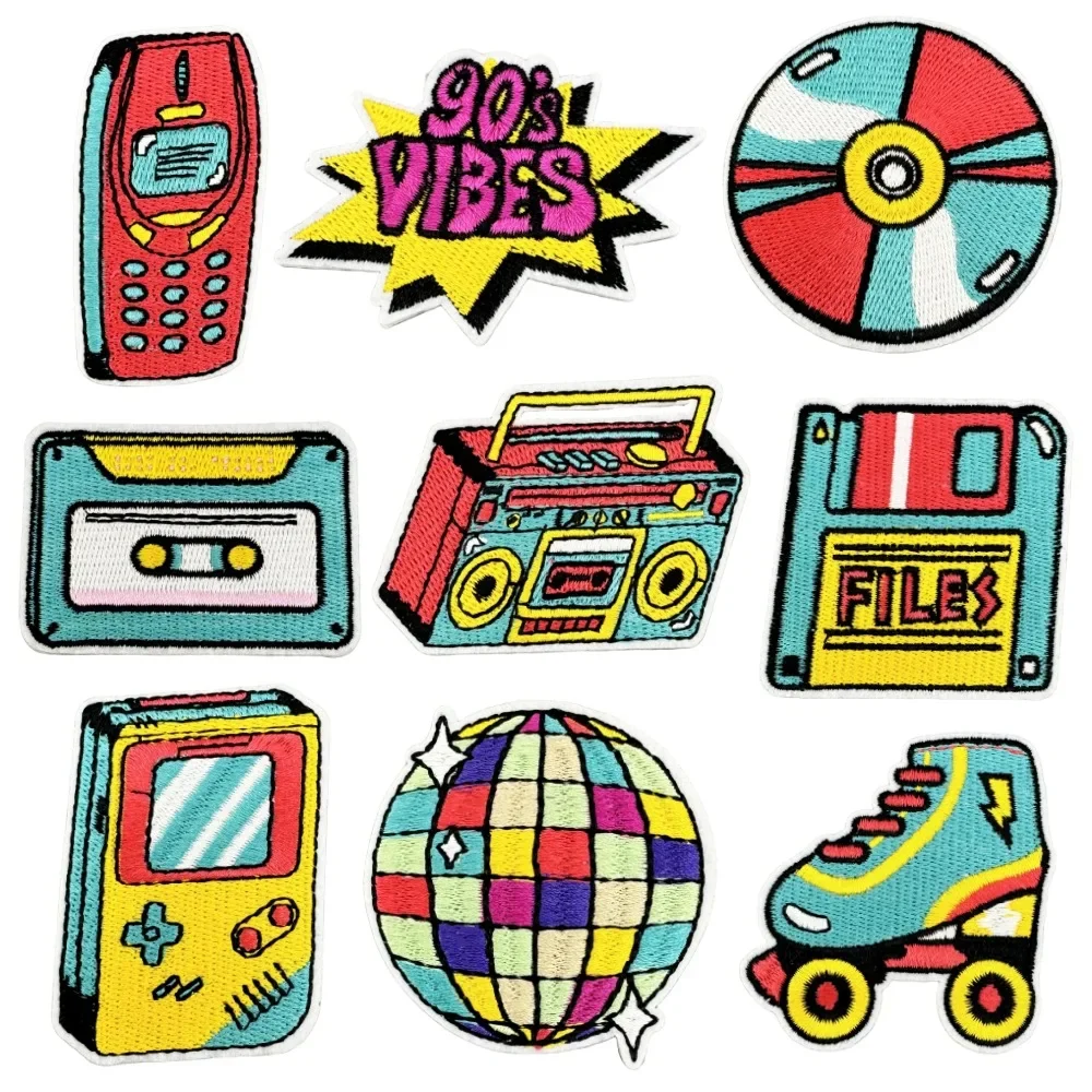 90년대 스타일 레트로 자수 열접착 패치 (의류용) 카세트 테이프 파일 디스크 ..