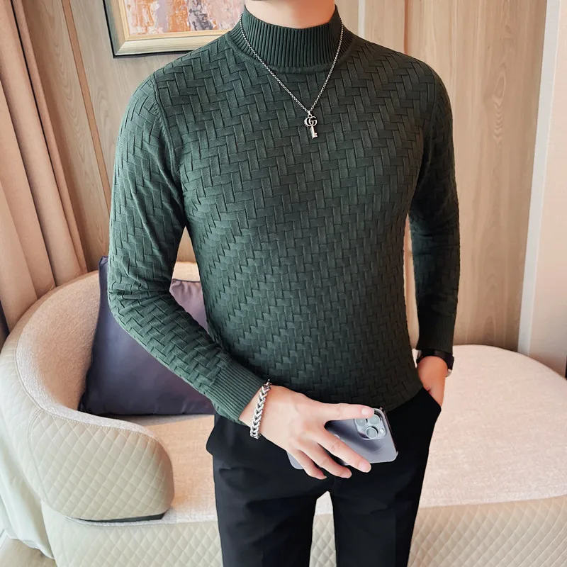 Men Autumn Winter Half High Collar Jacquard Woven Sweater Long Sleeve Slim Fit Knitted Sweater Pullers 4XL-M Homme