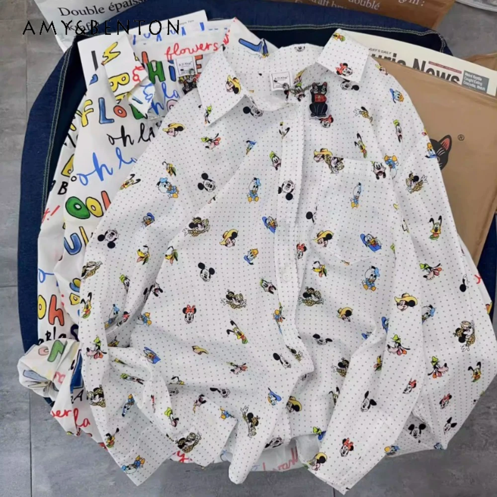 

2023 Autumn New Sweet Blusas Fun Full Printed Cartoon Shirt Women's Long-Sleeved Loose Leisure All-Matching Blouse Ladies Tops