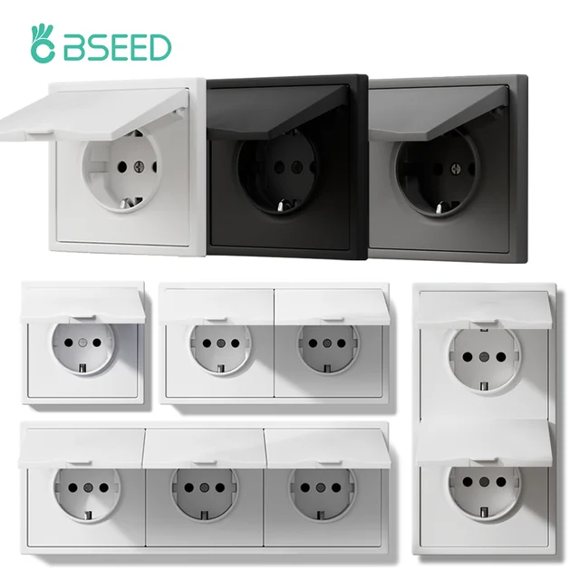 เต้ารับไฟฟ้าติดผนังมาตรฐาน EU BSEED สำหรับห้องน้ำและภายนอกอาคาร พร้อมฝาครอบกันน้ำ ผลิตจากพลาสติกแบบด้าน 1