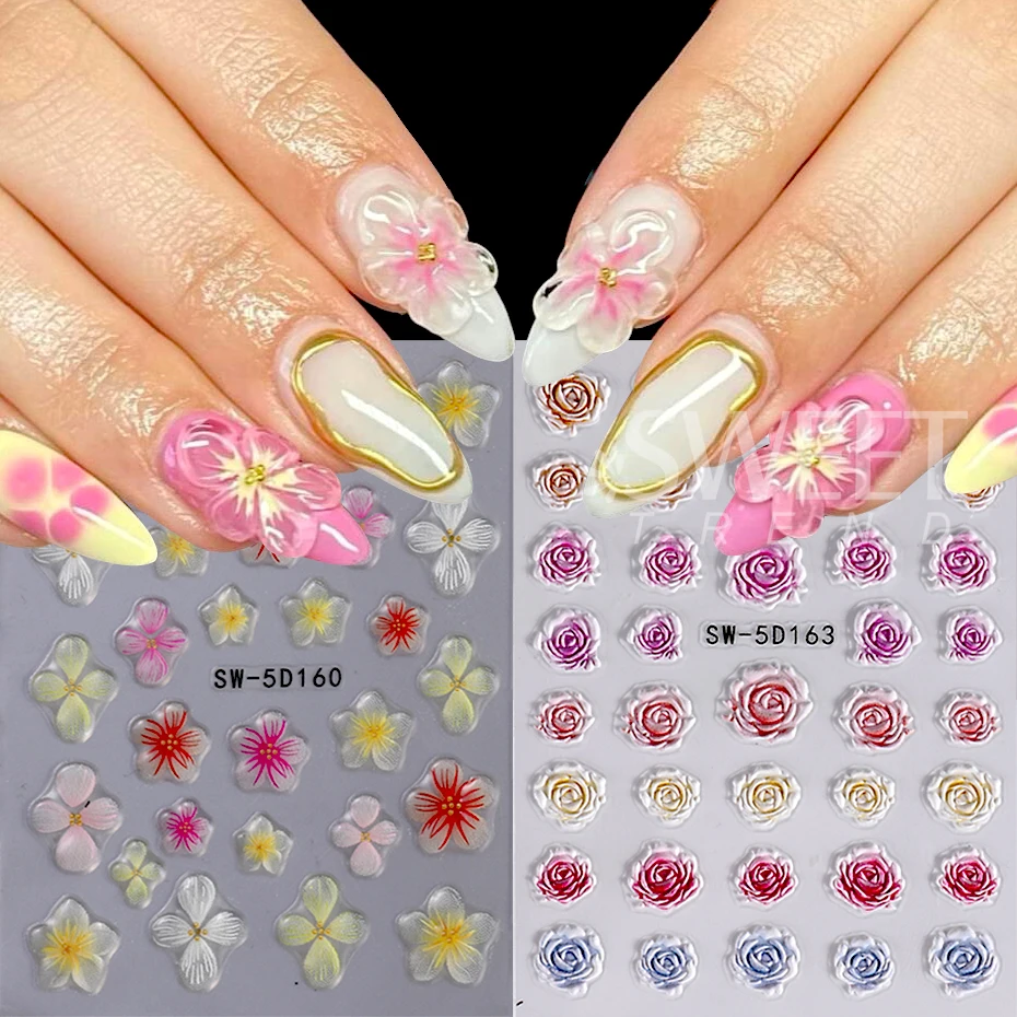 5D Orchid Rose Flower Nail Sticker Decals Simple Floral Embossed DIY Self-adhesive Nail Art Slider Supplies DIY Manicure Decor