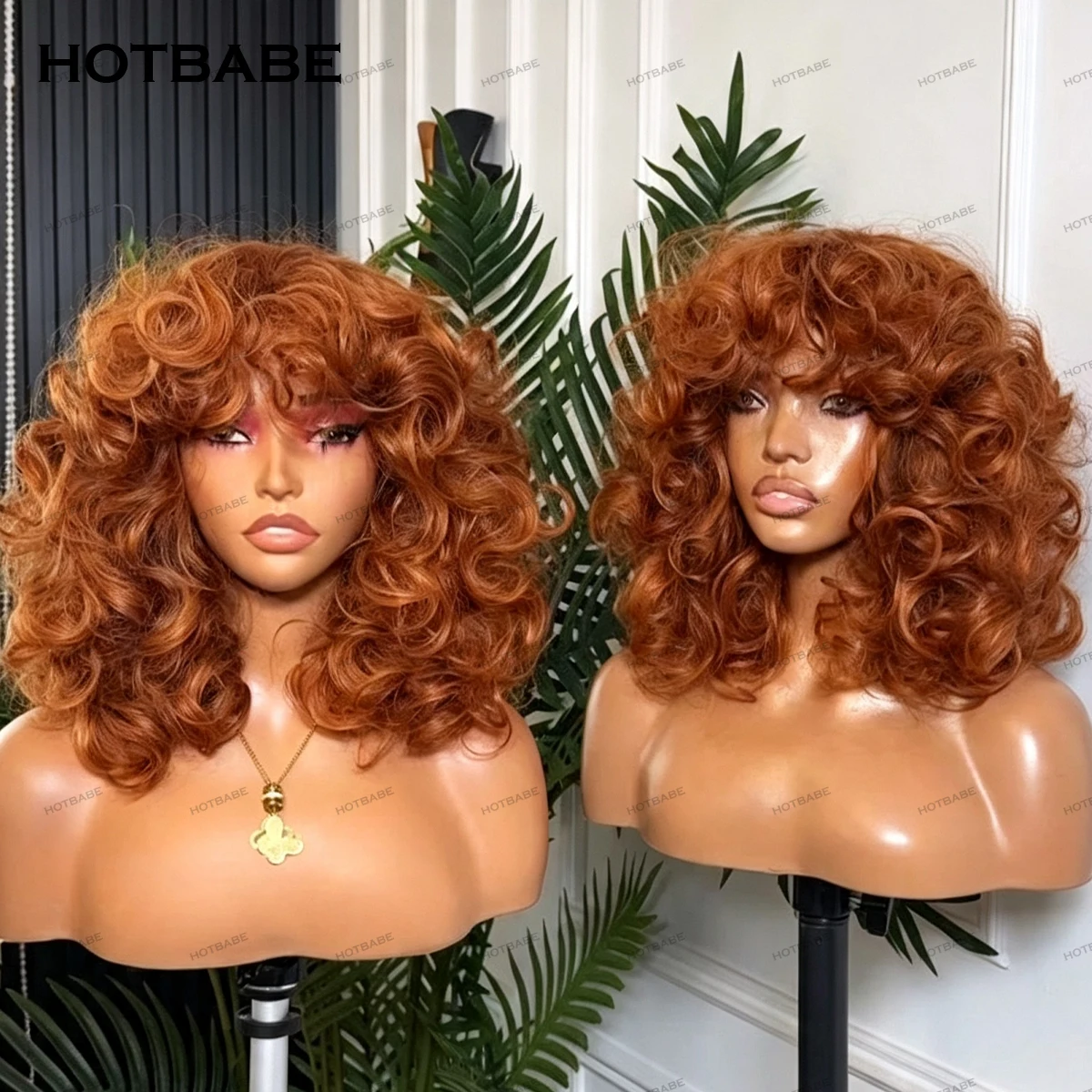 Parrucche 350 Ginger completamente realizzate a macchina, densità 300, senza colla, con frangia, ricci voluminosi, 100% capelli umani per donne nere - immagine 2