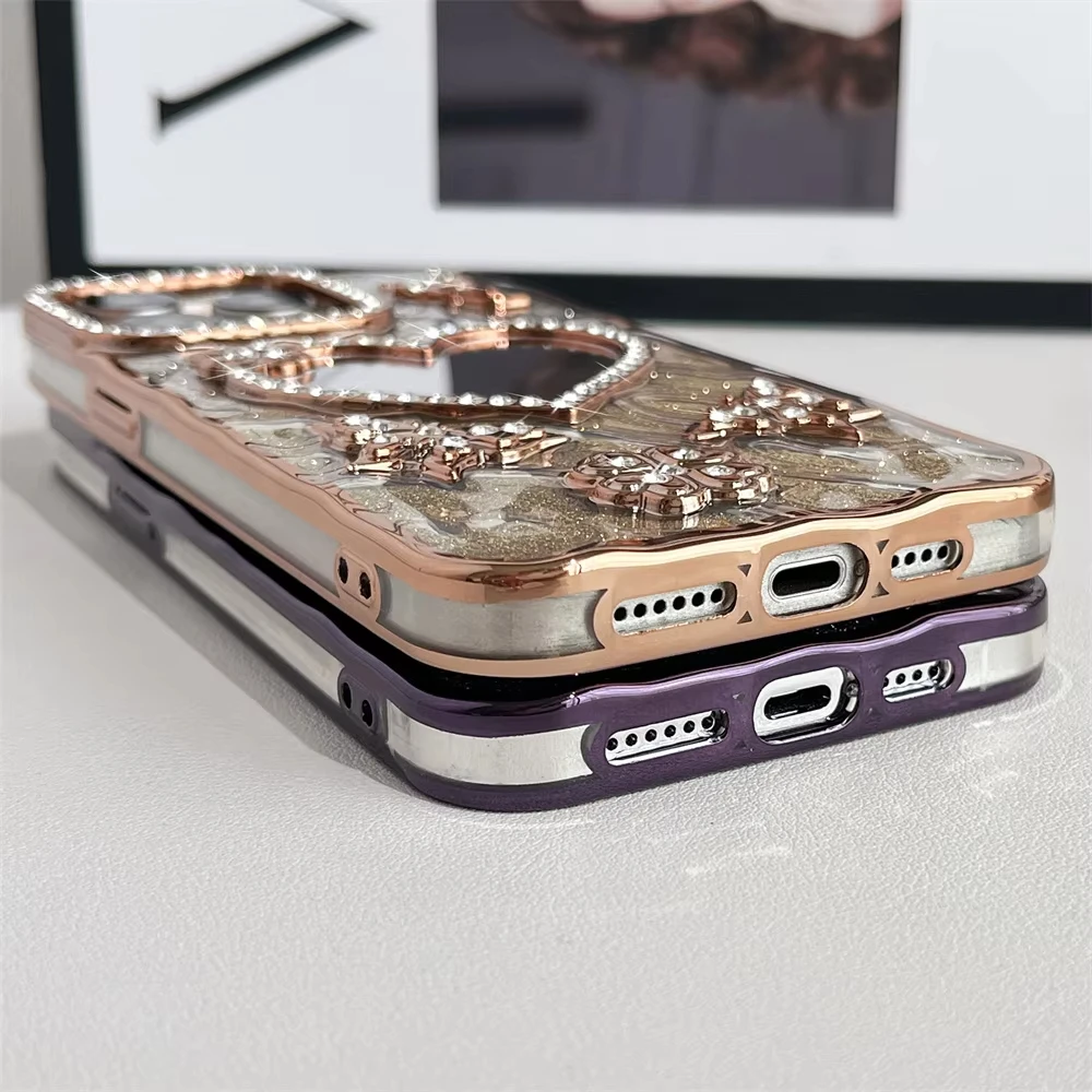 Luxury Electroplate Love Butterfly Diamond Phone Case For IPhone 16 15 14 13 12 11 Pro Max Transparent Glitter Mirror Back Cover