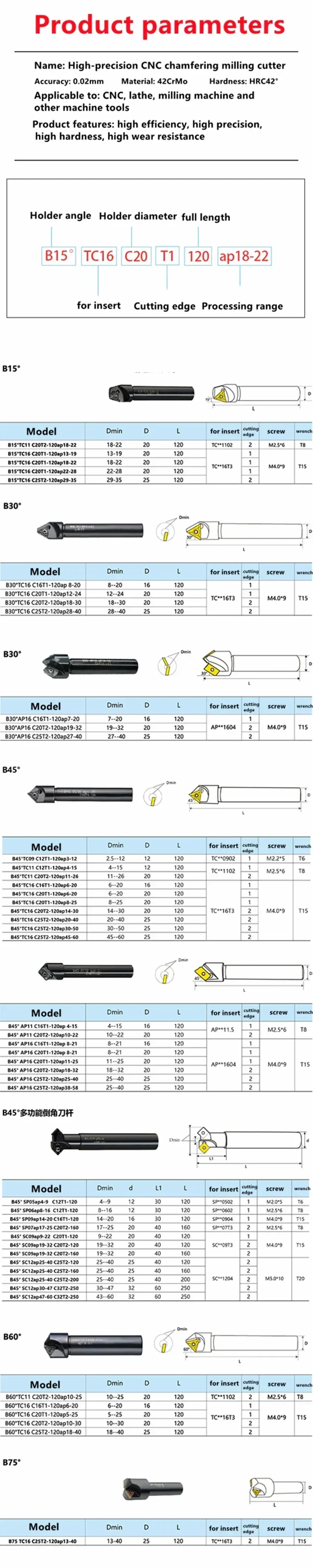 B15-B60 TC AP C20-20 C16-16 Chamfering cutter Countersink Bar Indexable Chamfer Milling Cutter Tool Holder spring collet tool holder collet chuck lathe tool holder spring collet chuck collet chuck holder lathe tool wrench nut collet collet clamping tool collet block holder