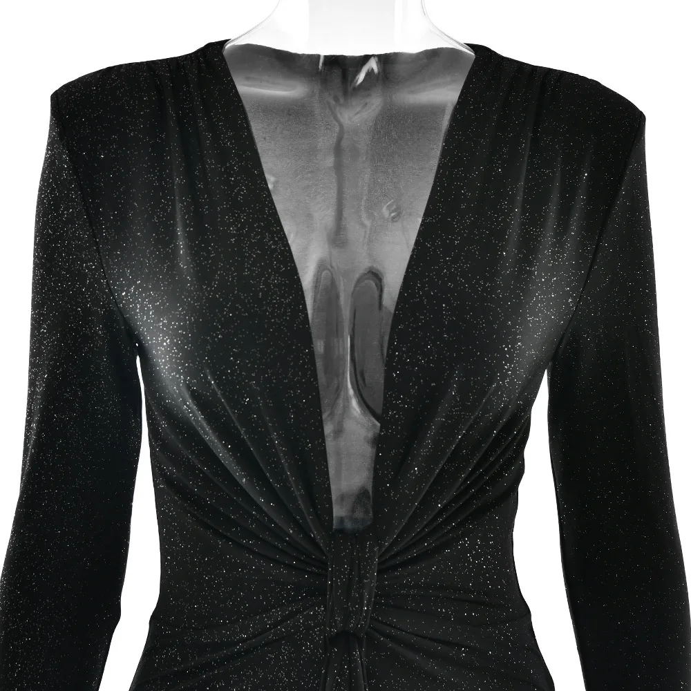 Elegant Long Sleeve Elastic Tight Party Evening Dress For Women Sexy Deep V-Fold Lace Vestido Autumn/Winter New 2025