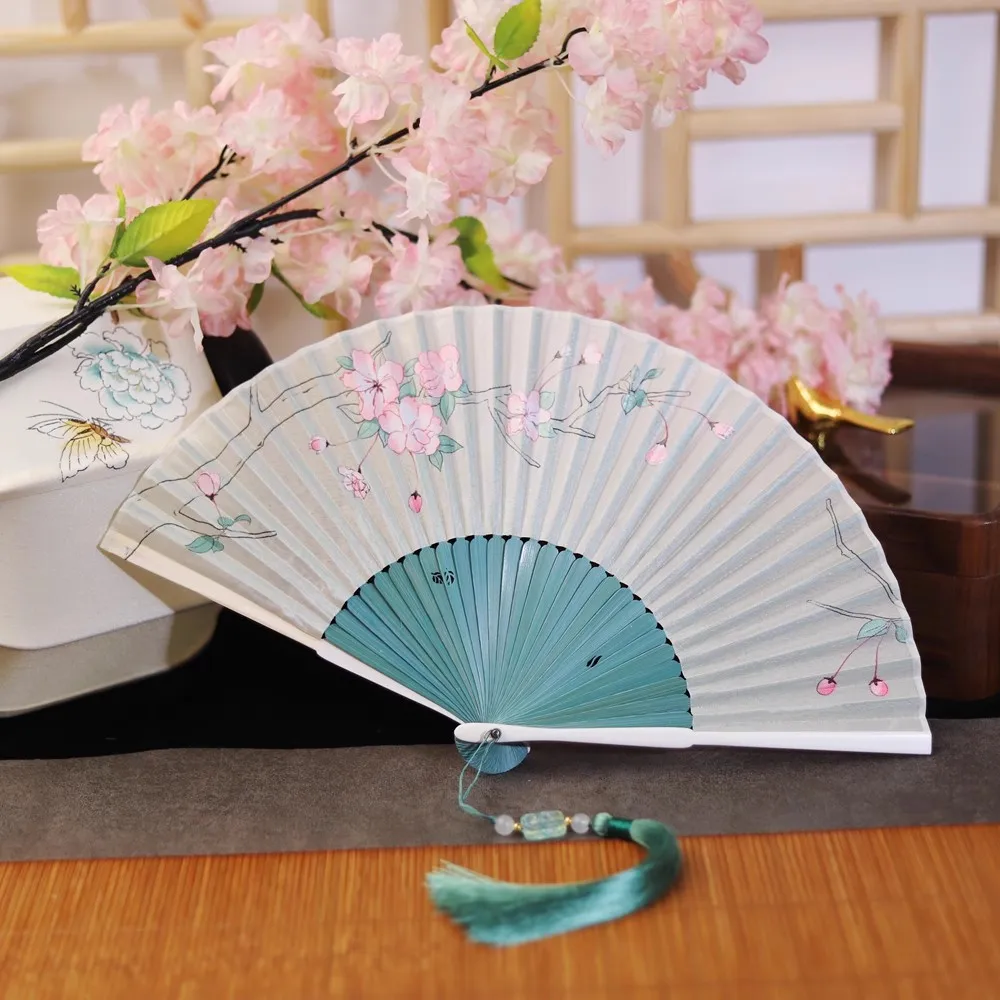 Chinese Ancient Folding Fan Handmade Bamboo Fan with Silk Print Cherry Blossom, Portable Traditional Fan for Dance/Hanfu/Qipao