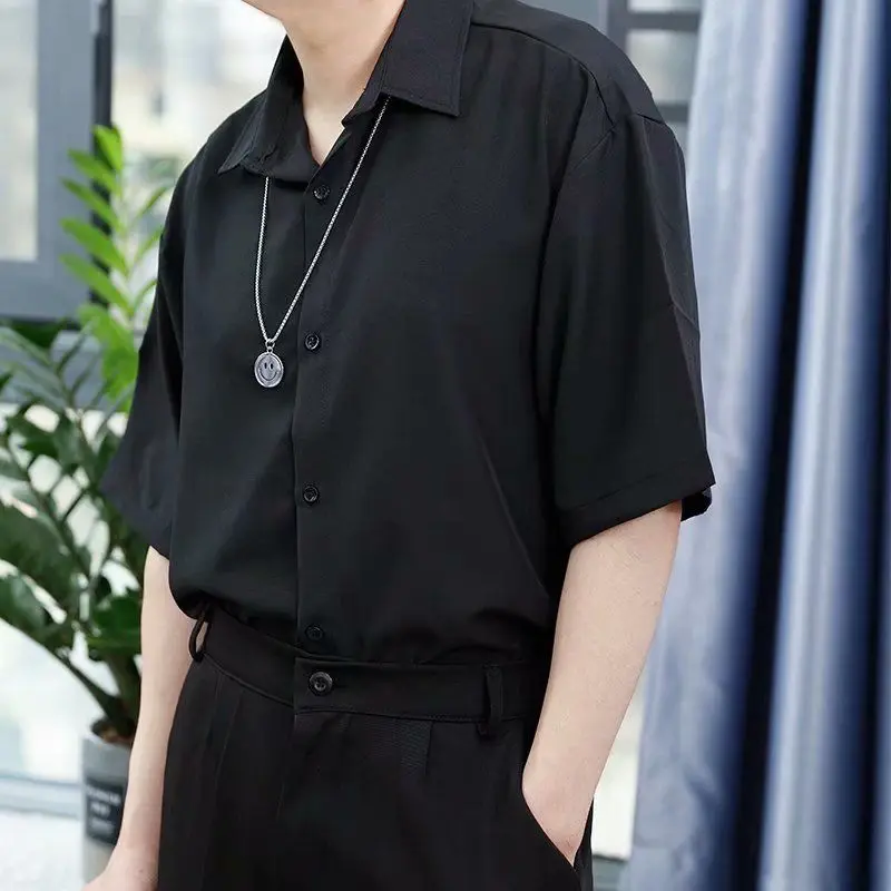 Casual White Shirt for Men Solid Color Ice Silk Long Sleeve Shirt Harajuku Loose Top Quality Drape White Japanese Streetwear long sleeve shirt,silk shirt