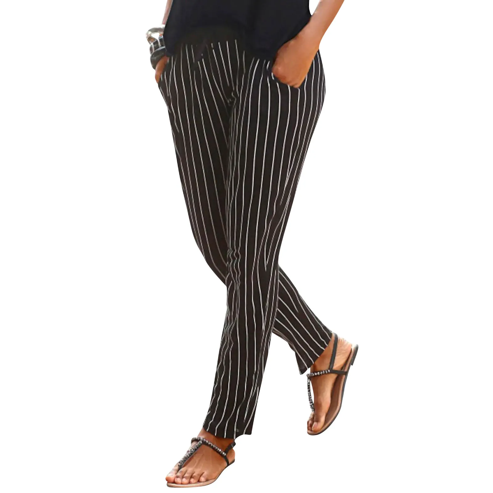 

Stripe Print Long Trousers Casual Streetwear Pants Straight Leg Pantalettes Appears Thin Fashion Women Pants Outfits Pantalon