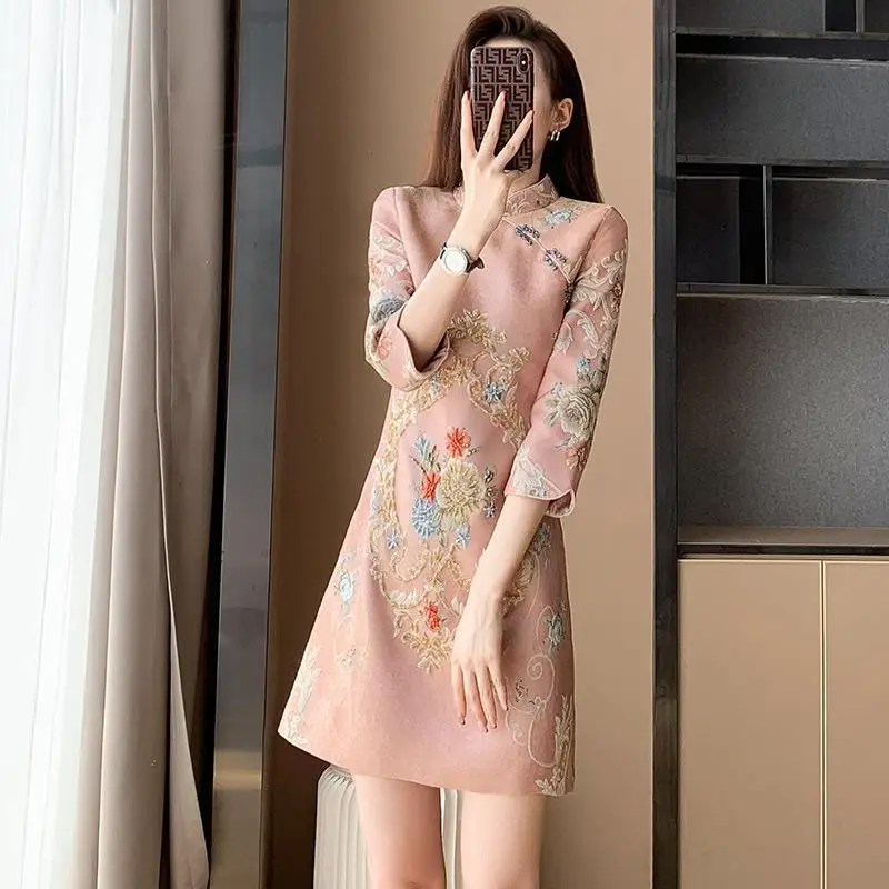 

Casual Dress Female Spring and Autumn Chinese Retro Heavy Industry Printing Fashion Young Improved Cheongsam Dress Female Tops