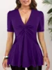 Plus Size Women's Blouses Front Knotted V Neck Blouse T Shirt Short Sleeve Oversized Tunic Tops Basic Summer Solid Tee Top