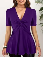 Plus Size Women's Blouses Front Knotted V Neck Blouse T Shirt Short Sleeve Oversized Tunic Tops Basic Summer Solid Tee Top