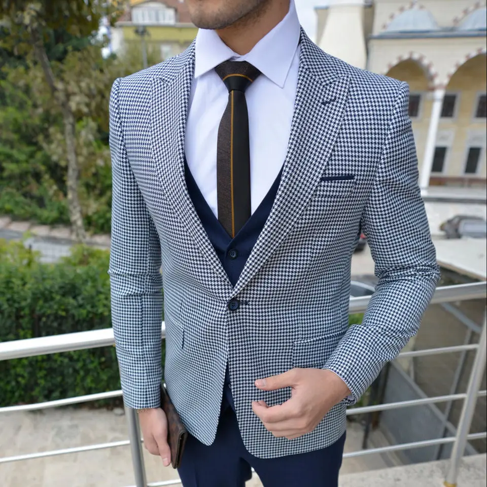 

Houndstooth Men Suits 3 Pieces Blazer Vest Pants One Button Tuxedo Modern Peaked Lapel Wedding Formal Work Prom Causal Tailored