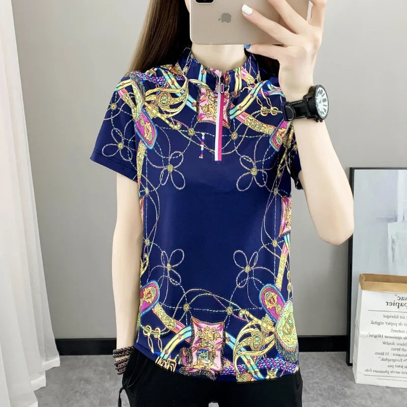 Casual Commuter Versatile Temperament Women's Clothing Summer Fashion Printed Zipper Standing Neck Short Sleeve Pullover Shirt