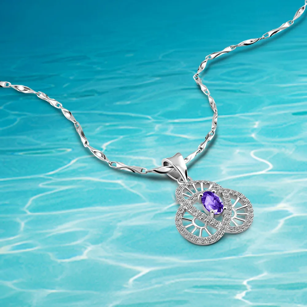 

Sweet style solid 100% 925 sterling silver necklace Woman purple zircon crystal pendant Bohemian wedding silver jewelry Gift