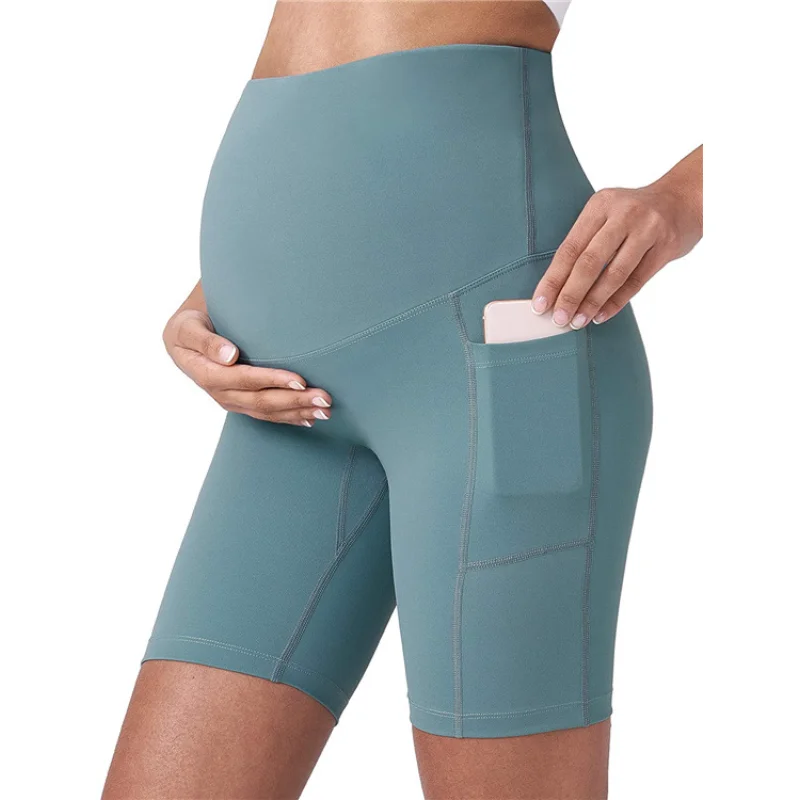 Pregnancy Mama Yoga Shorts Women Maternity Running Pants with Pockets High Waist Leggings Workout Fitness Sportswear Casual